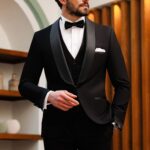 "A classic black tuxedo with a satin lapel, paired with a crisp white dress shirt and a black bow tie."